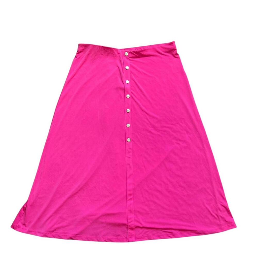 JM Collection Midi Skirt Pink Size L Jersey Knit Silver Buttons Barbiecore